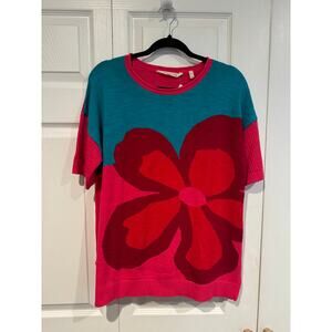 Soft Surroundings NEW Teal Floral Vibrant Crew Neck Short SleeveSweater